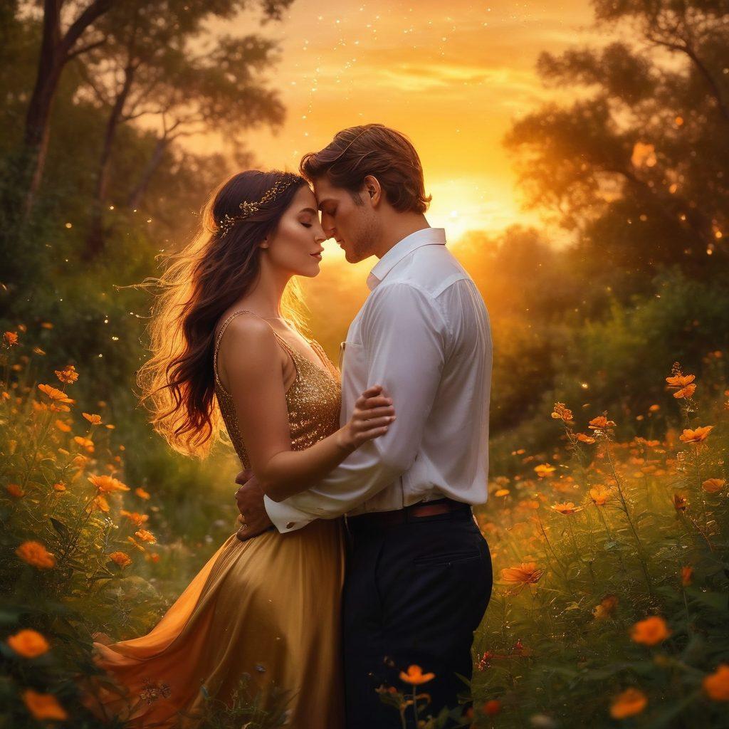 A passionate couple entwined in a lush outdoor setting, surrounded by vibrant wildflowers and glowing fireflies, capturing an intense yet tender moment of romance. The backdrop features a golden sunset casting warm hues across the sky, symbolizing the chemistry of love. Emphasize the emotional connection with sparkles around them to suggest a magical aura. surrealism. vibrant colors. magical atmosphere.