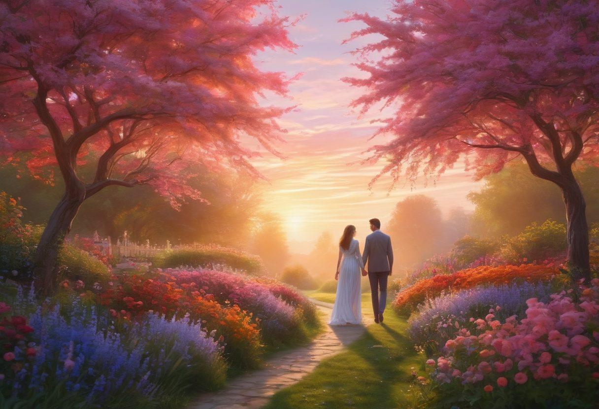 A serene landscape depicting a couple walking hand-in-hand through a blossoming, sunlit garden filled with vibrant flowers. The backdrop features a gentle sunset, symbolizing the transition from courtship to a deep emotional connection. Ethereal wisps of light swirl around them, representing passion and love. The scene radiates warmth and tenderness. super-realistic. vibrant colors. ethereal glow.