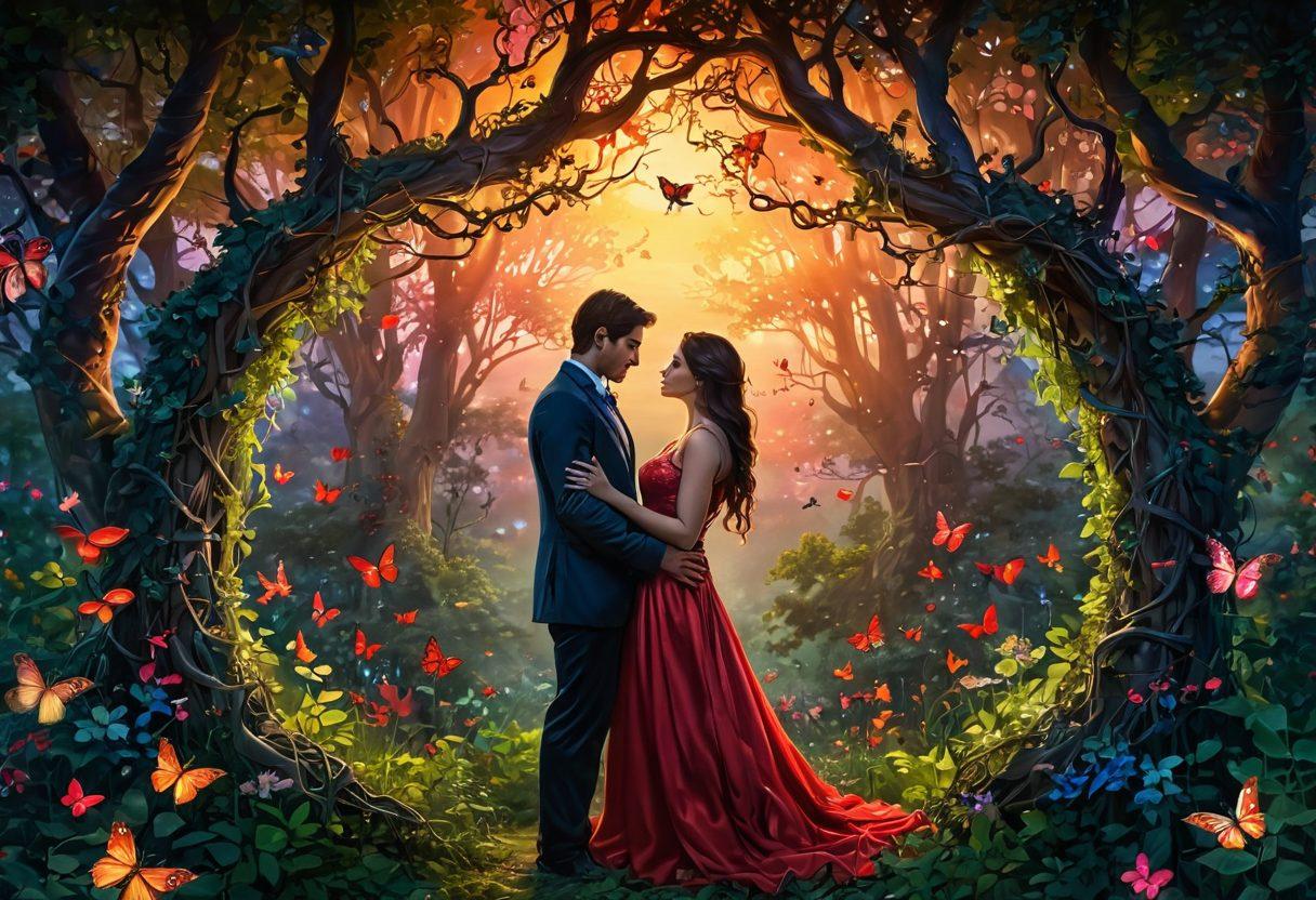 A lush, vibrant forest with intertwining vines symbolizing passion, adorned with glowing hearts nestled in the foliage. A couple is depicted at the center, gazing into each other's eyes, surrounded by ethereal light and whispers of butterflies symbolizing romance. The background features a mystical sunset, adding warmth and magic to the scene. whimsical, super-realistic, vibrant colors.